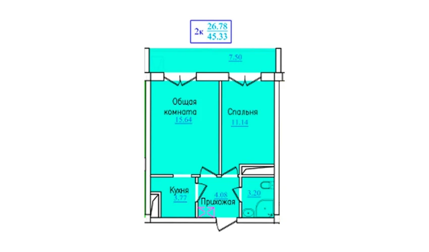 2-комнатная квартира 45.33 м²  4/9 этаж | Жилой комплекс PROVANS