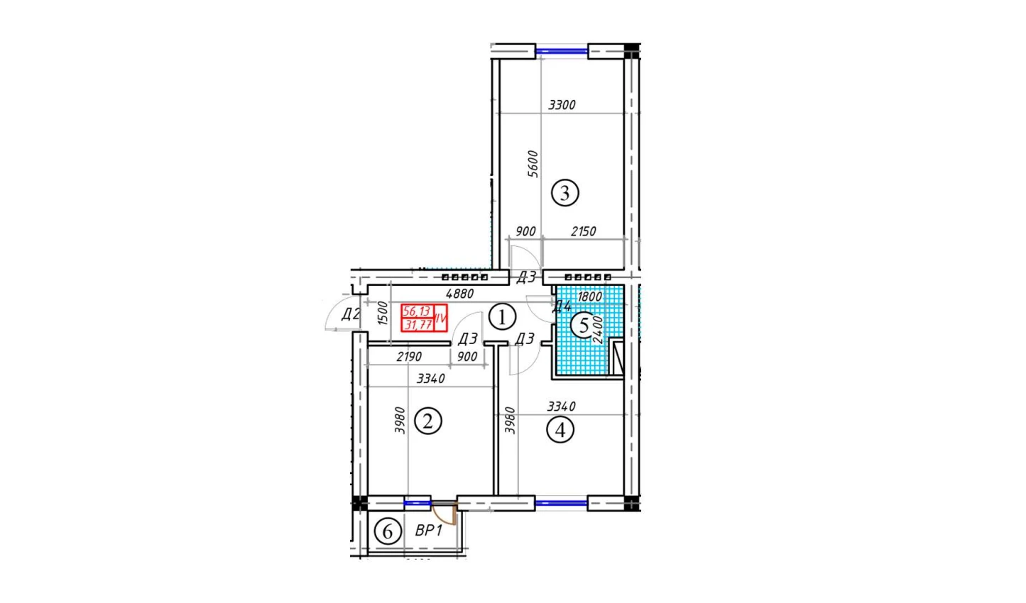 2-xonali xonadon 56.13 m²  2/5 qavat | BATOSH Turar-joy majmuasi