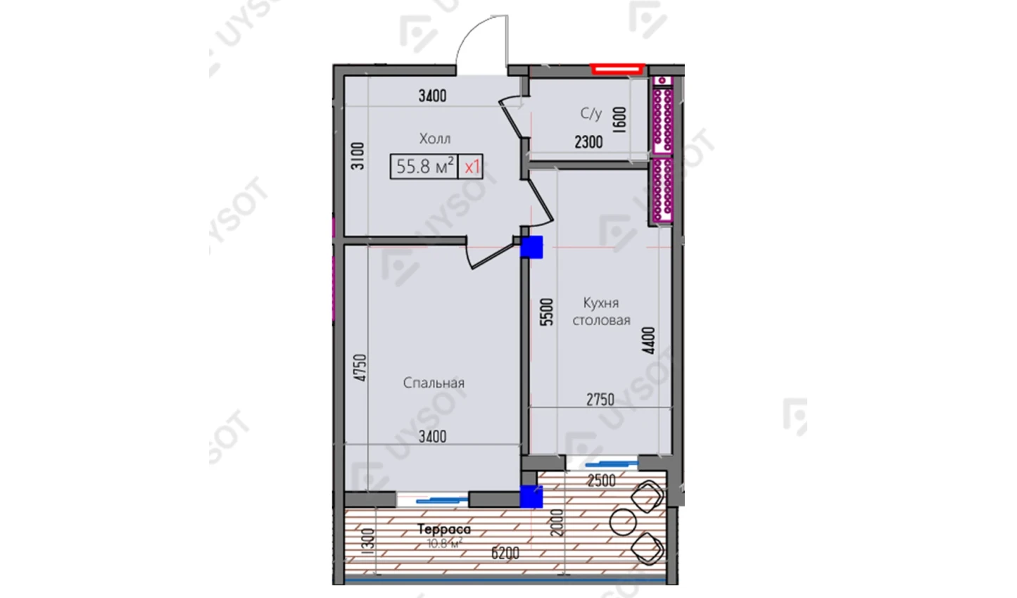 1-xonali xonadon 55.8 m² 2/16 qavat | Park Avenue Turar-joy majmuasi 1-xonali xonadon 55.8 m² 2/16 qavat | Park Avenue Turar-joy majmuasi