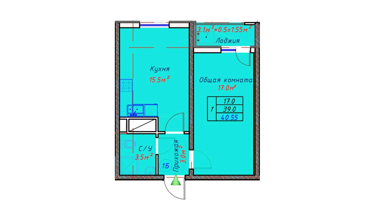 1-xonali xonadon 40.55 m²  6/16 qavat | TRINITY Turar-joy majmuasi