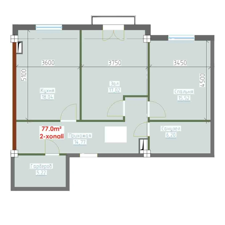 2-комн. квартира 77 м²  8/9 этаж | Жилой комплекс YANGI AVLOD