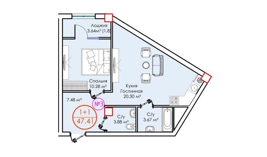 1-комнатная квартира 47.41 м²  6/16 этаж | Жилой комплекс ALFA CITY