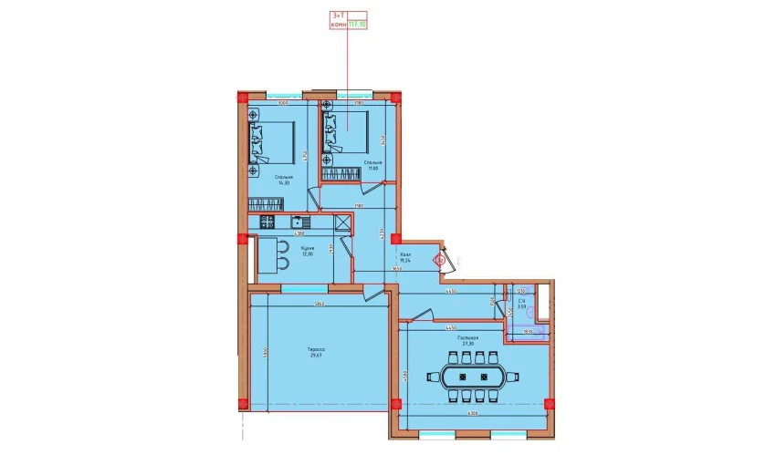 3-комнатная квартира 117.1 м²  8/8 этаж | Жилой комплекс Markaz