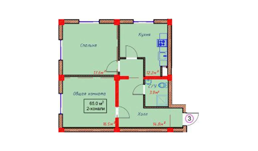 2-xonali xonadon 65 m²  1/9 qavat | Orzular Turar-joy majmuasi