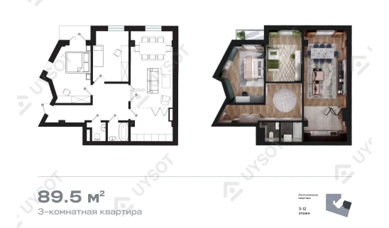 3-комнатная квартира 89.5 м²  2/13 этаж | Жилой комплекс Binkat