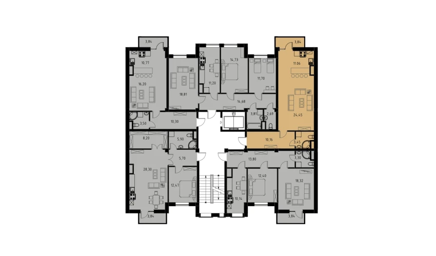 1-xonali xonadon 49.68 m²  7/9 qavat | MINGCHINOR Turar-joy majmuasi