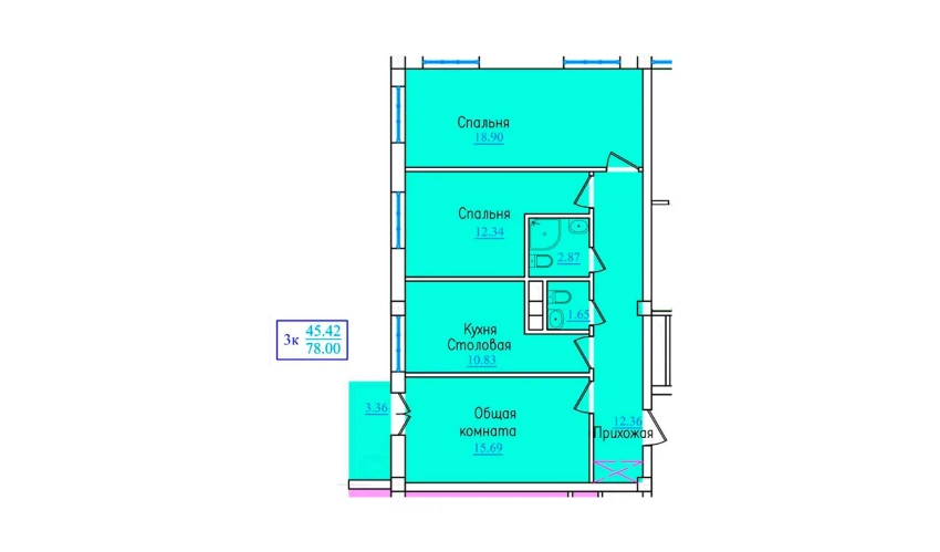 3-xonali xonadon 78 m²  3/9 qavat | PROVANS Turar-joy majmuasi