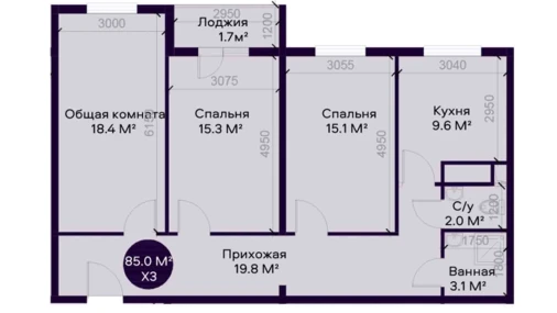 3-комнатная квартира 85 м²  2/9 этаж | Жилой комплекс YAQINLAR