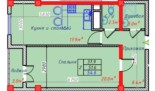 2-xonali xonadon 54.6 m²  9/9 qavat | Hakimi Towers Turar-joy majmuasi