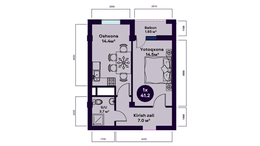 1-xonali xonadon 41.2 m² 7/12 qavat | TUMOR Turar-joy majmuasi 1-xonali xonadon 41.2 m² 7/12 qavat | TUMOR Turar-joy majmuasi