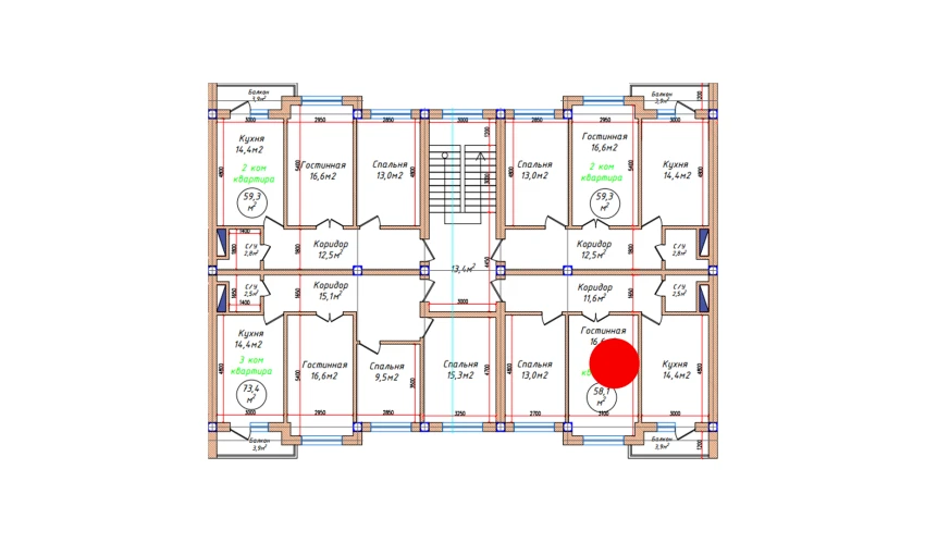 2-комнатная квартира 58.1 м²  3/5 этаж | Жилой комплекс Oq mahalla