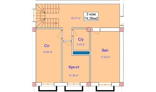 3-комнатная квартира 74.39 м²  8/7 этаж | Жилой комплекс Sokin