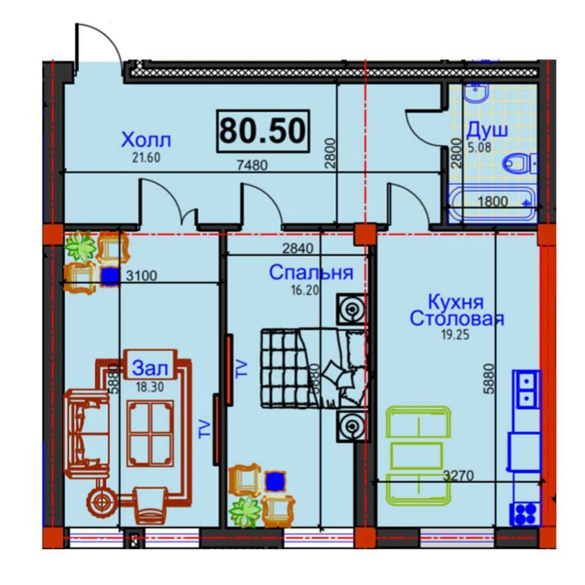 2-xonali xonadon 80.5 m²  1/12 qavat | GAGARIN AVENUE Turar-joy majmuasi