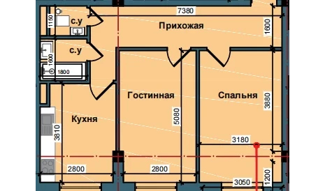 2-комнатная квартира 61.5 м²  2/9 этаж | Жилой комплекс NUR BARAKA