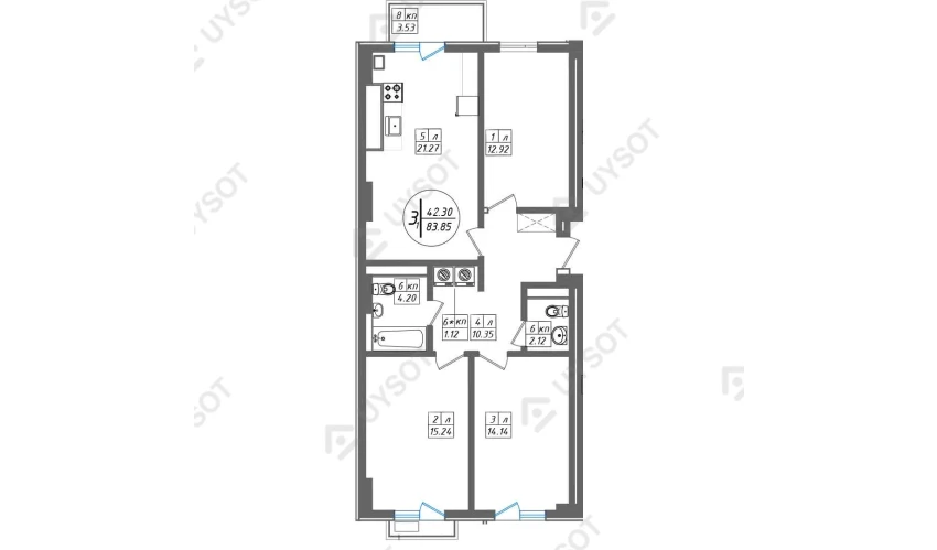 3-xonali xonadon 83.85 m²  9/12 qavat | SUN Turar-joy majmuasi