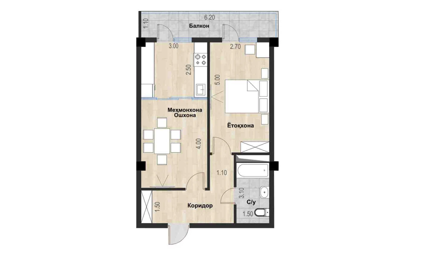 2-комн. квартира 52.69 м²  6/7 этаж | Жилой комплекс Bochka Resort