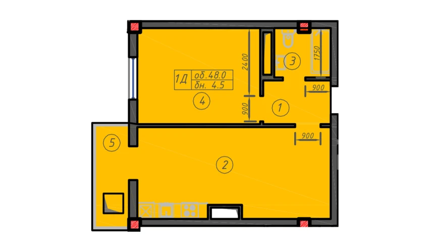 1-xonali xonadon 48 m²  3/12 qavat | Sokin hayot Turar-joy majmuasi
