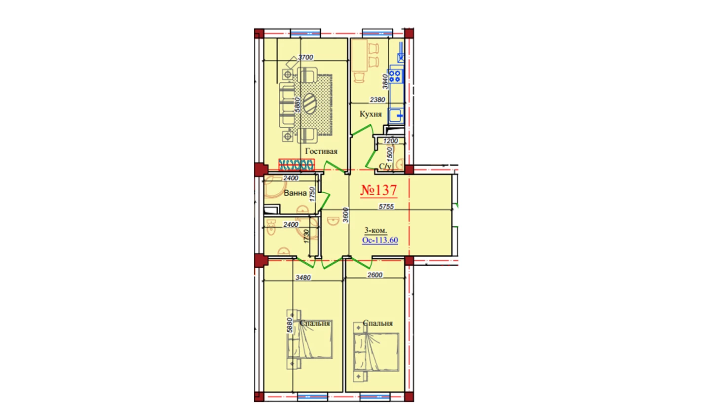 3-комн. квартира 113.6 м²  1/9 этаж | Жилой комплекс ZAR ZAMONAVIY UYLAR
