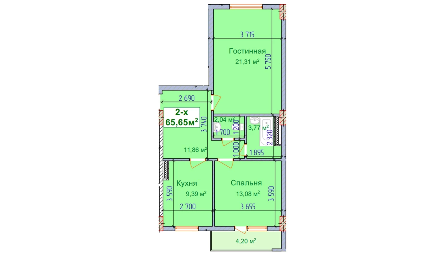 2-комн. квартира 65.65 м²  6/9 этаж | Жилой комплекс SHAYX-UL OLAM