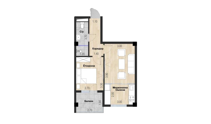 1-xonali xonadon 40.39 m²  2/7 qavat | Bochka Resort Turar-joy majmuasi