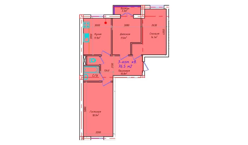 3-xonali xonadon 76.5 m²  5/5 qavat | CHIRCHIQ CITY Turar-joy majmuasi