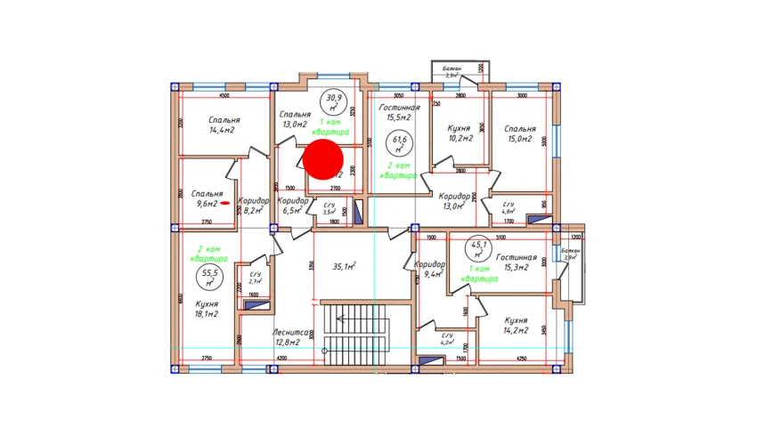 1-xonali xonadon 30.9 m²  5/5 qavat | Oq mahalla Turar-joy majmuasi
