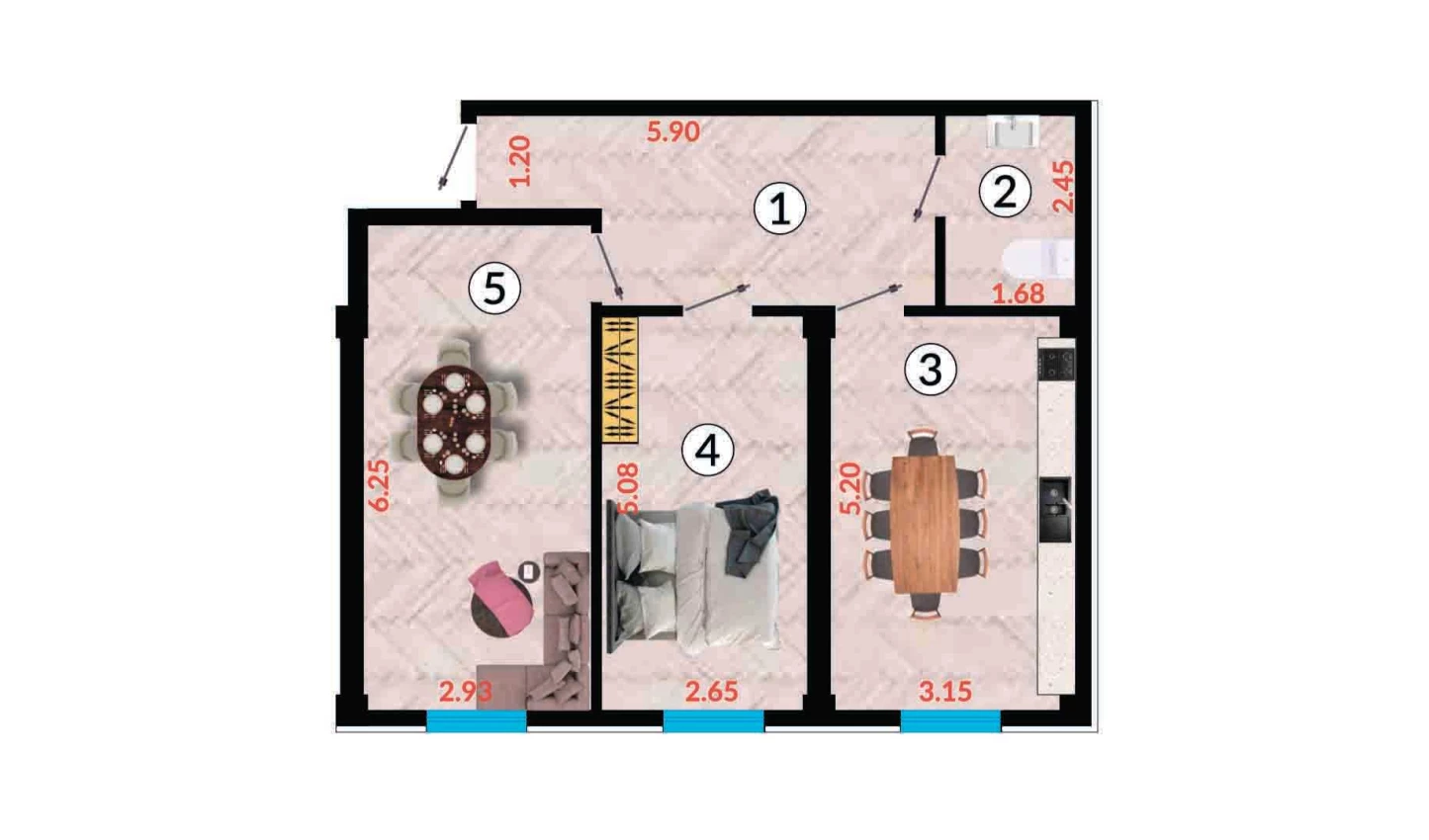 2-xonali xonadon 65.54 m²  6/10 qavat | Ko'kcha-Oqtepa Turar-joy majmuasi