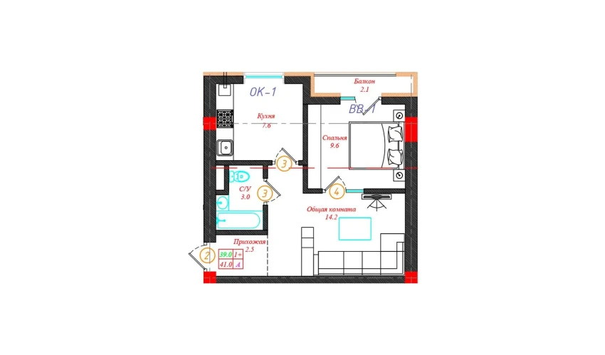 1-xonali xonadon 41 m²  9/12 qavat | CHINARA PARK Turar-joy majmuasi