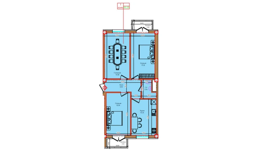 3-комнатная квартира 83.2 м²  6/8 этаж | Жилой комплекс "Markaz"