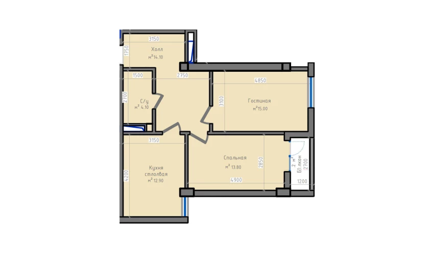 2-комн. квартира 66.8 м²  4/13 этаж | Жилой комплекс ORZU SAROYI