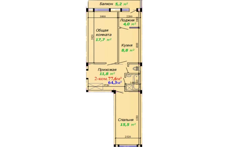 2-xonali xonadon 77.6 m²  6/7 qavat | Bunyodkor Turar-joy majmuasi