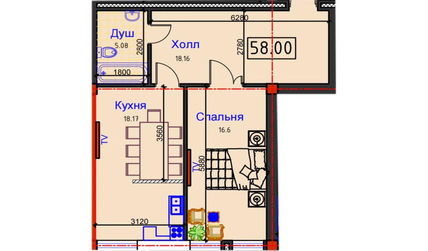 1-комнатная квартира 58 м²  7/12 этаж | Жилой комплекс GAGARIN AVENUE