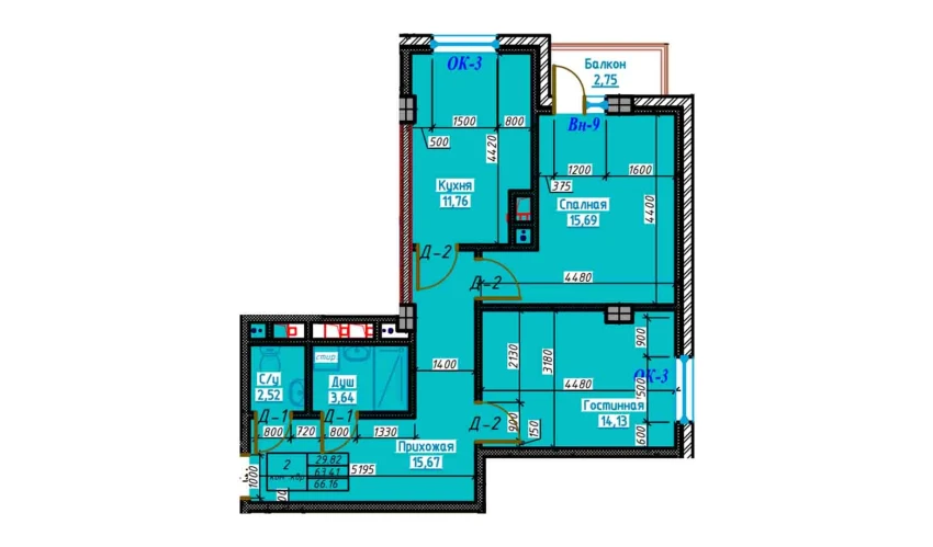 2-xonali xonadon 66.1 m²  3/13 qavat | Bog'dod City Turar-joy majmuasi