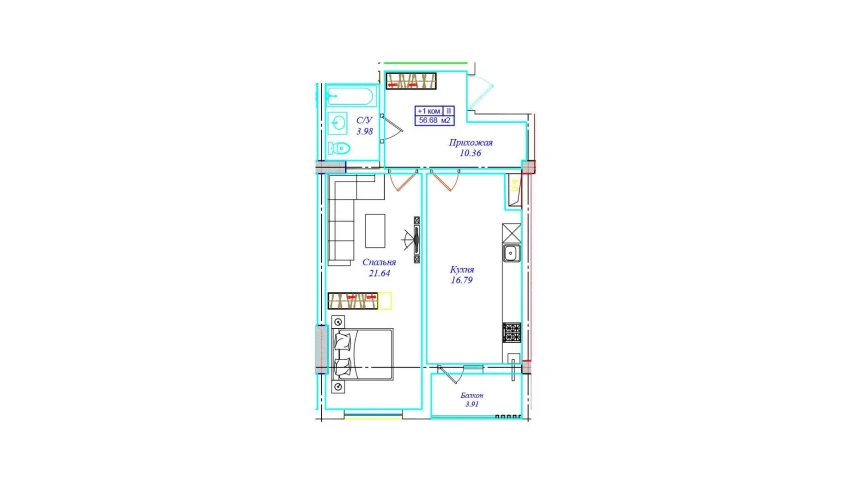 1-комнатная квартира 56.68 м²  14/16 этаж | Жилой комплекс UCHTEPA CITY