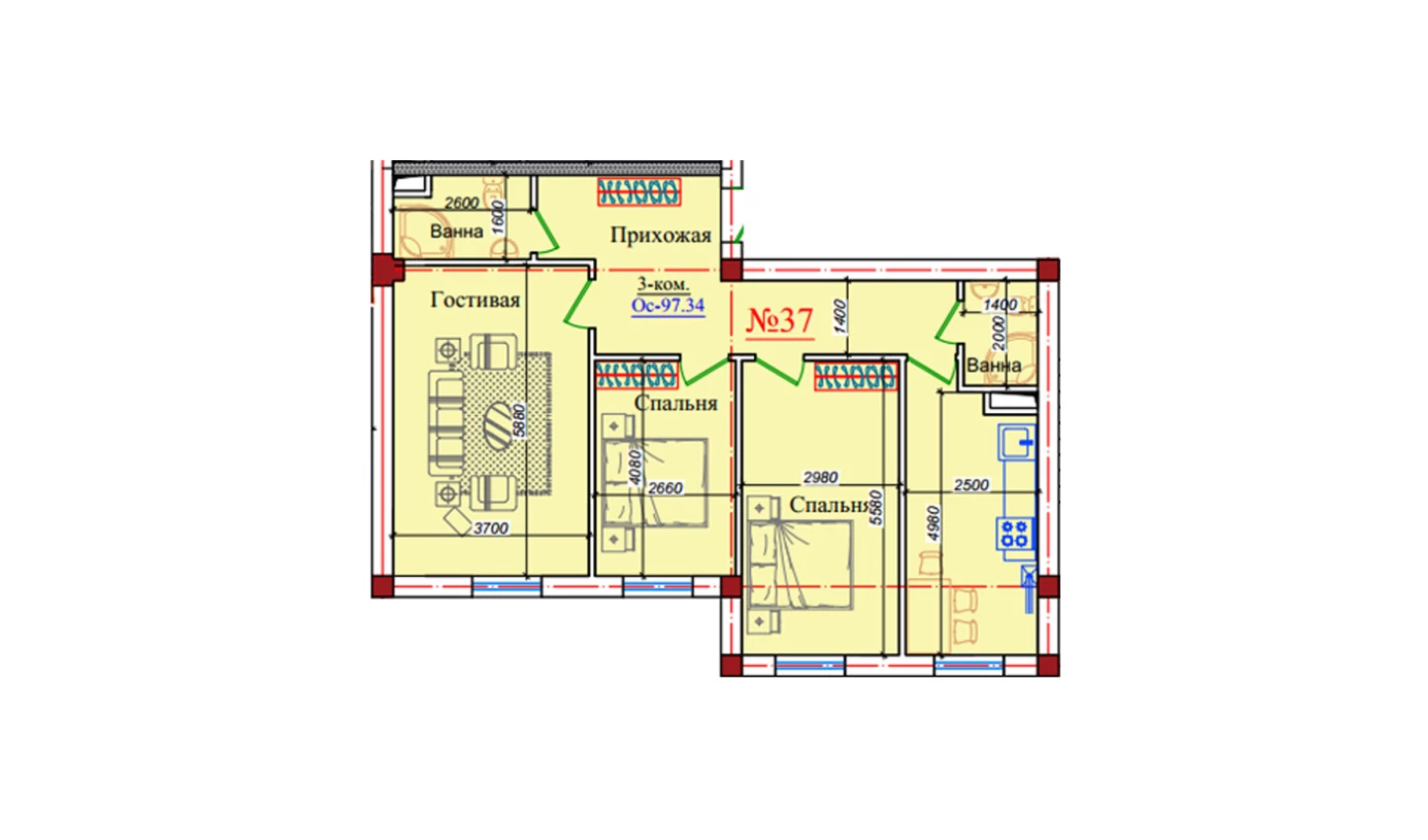 3-комн. квартира 97.34 м²  1/9 этаж | Жилой комплекс ZAR ZAMONAVIY UYLAR