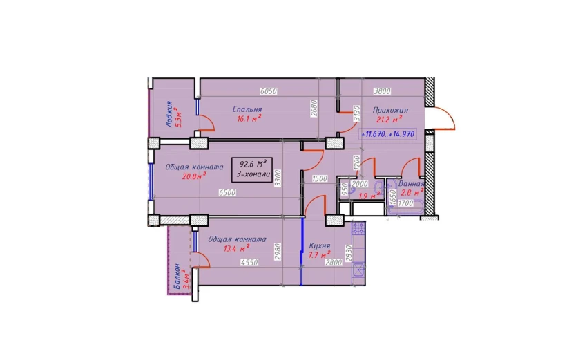 3-комнатная квартира 92.6 м²  12/16 этаж | Жилой комплекс Sam House (Qora Suv)