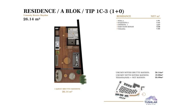 1-комнатная квартира 22.09 м²  1/7 этаж | Жилой комплекс TUSHLAR VODIYSI