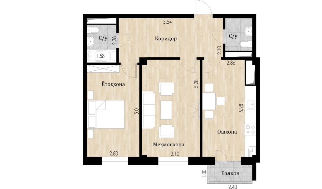 2-xonali xonadon 66.35 m²  2/10 qavat | Ko'kcha-Oqtepa Turar-joy majmuasi
