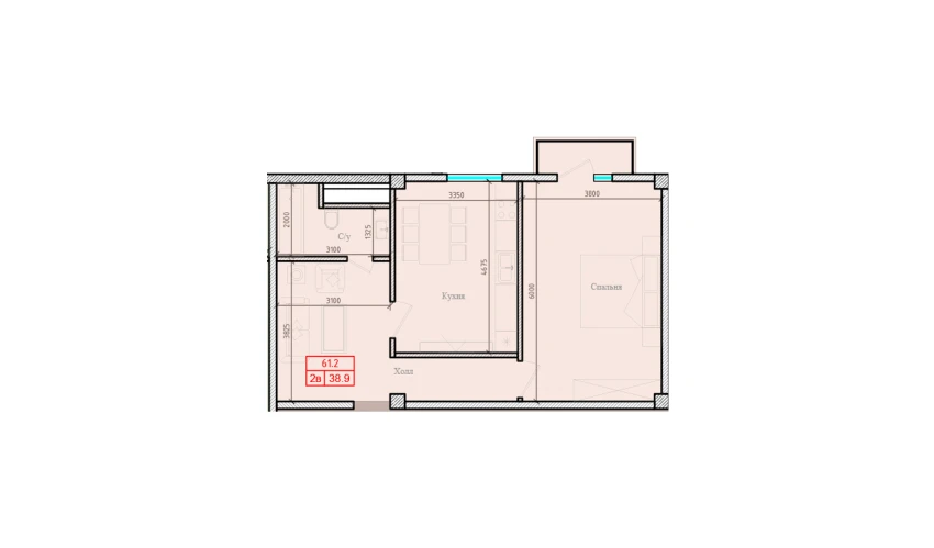 2-xonali xonadon 61.2 m²  2/7 qavat | Gulbadanbegim Turar-joy majmuasi