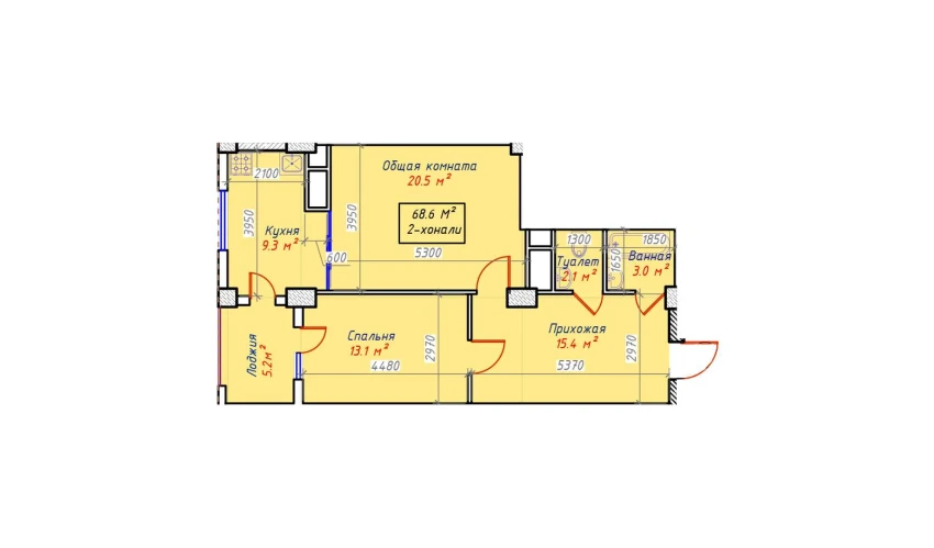 2-xonali xonadon 68.6 m²  7/16 qavat | Sam House (Qora Suv) Turar-joy majmuasi