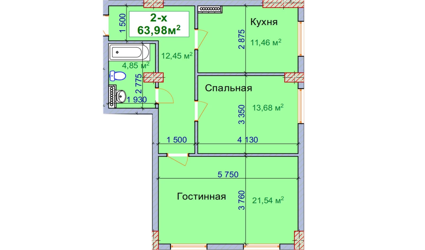2-комн. квартира 63.98 м²  1/9 этаж | Жилой комплекс SHAYX-UL OLAM