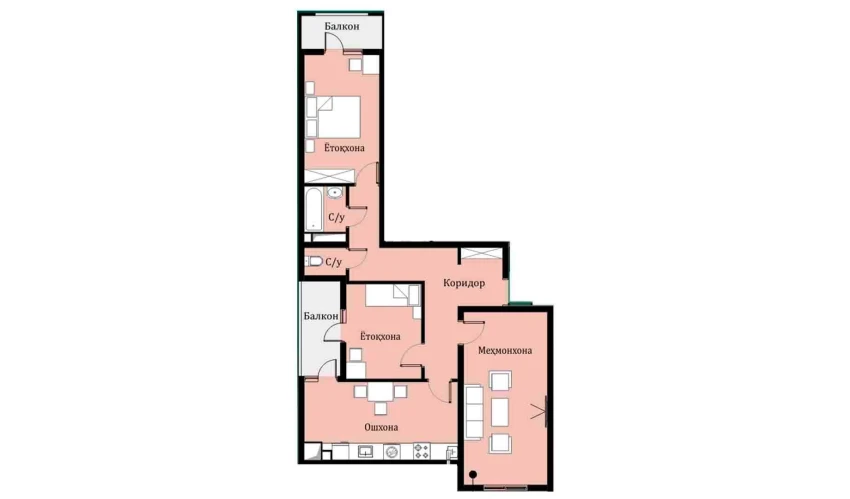 3-xonali xonadon 77.16 m²  7/16 qavat | SOKIN DIYOR Turar-joy majmuasi