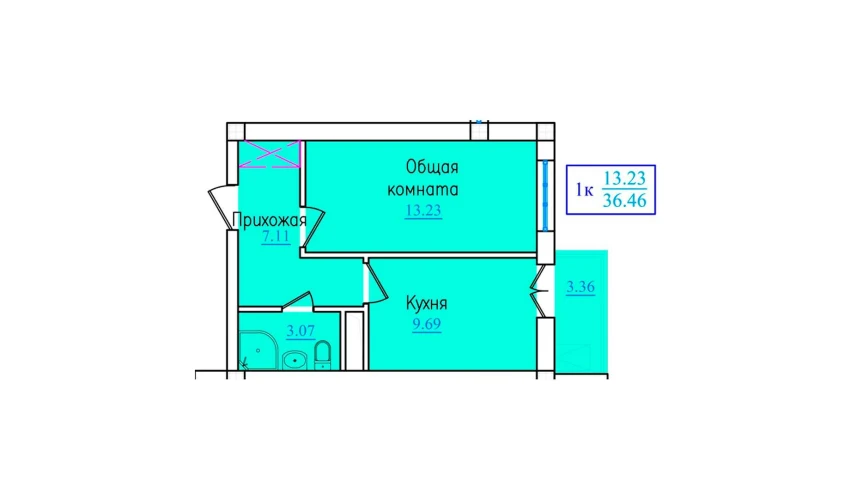 1-xonali xonadon 36.46 m²  9/9 qavat | PROVANS Turar-joy majmuasi