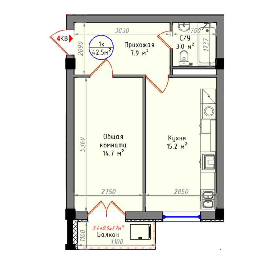 1-комн. квартира 42.5 м²  2/12 этаж | Жилой комплекс Zamin Jizzax