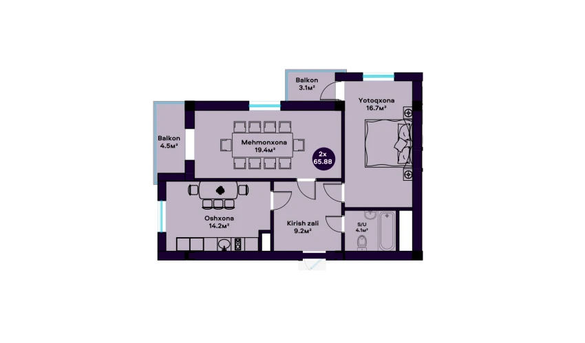2-комнатная квартира 65.88 м²  9/11 этаж | Жилой комплекс BIBISHOX