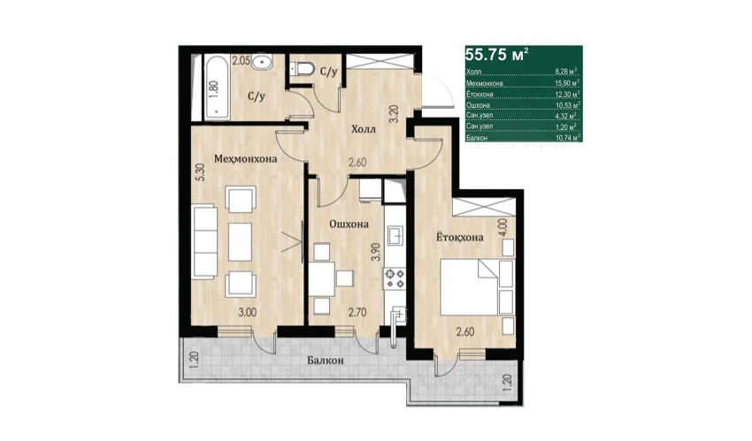 2-xonali xonadon 55.75 m²  3/16 qavat | SOKIN DIYOR Turar-joy majmuasi