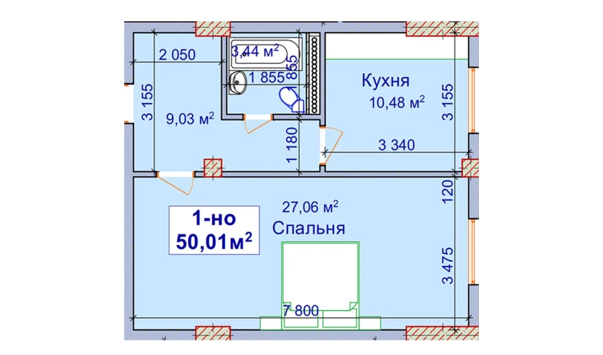 1-комнатная квартира 50.01 м²  1/9 этаж | Жилой комплекс SHAYX-UL OLAM