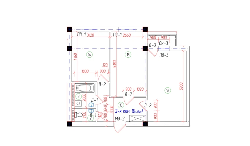 2-xonali xonadon 62.36 m²  1/7 qavat | Oila TJM Turar-joy majmuasi