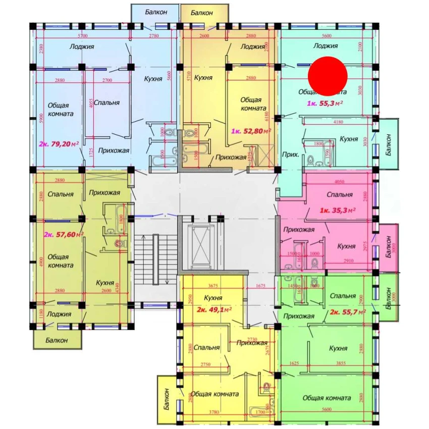 1-xonali xonadon 55.3 m²  5/9 qavat | VATAN Turar-joy majmuasi