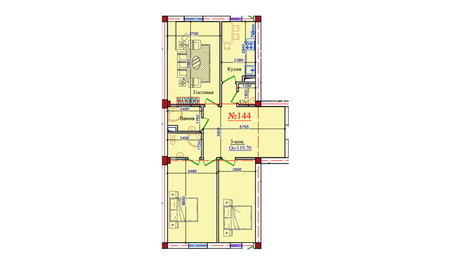 3-xonali xonadon 119.7 m²  8/9 qavat | ZAR ZAMONAVIY UYLAR Turar-joy majmuasi